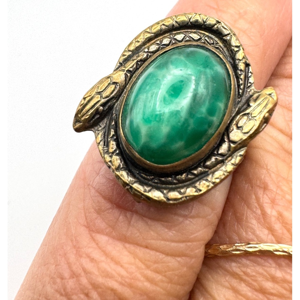 Vintage Snake Ring Victorian Revival Brass Green Stone Wrap Serpent Figural